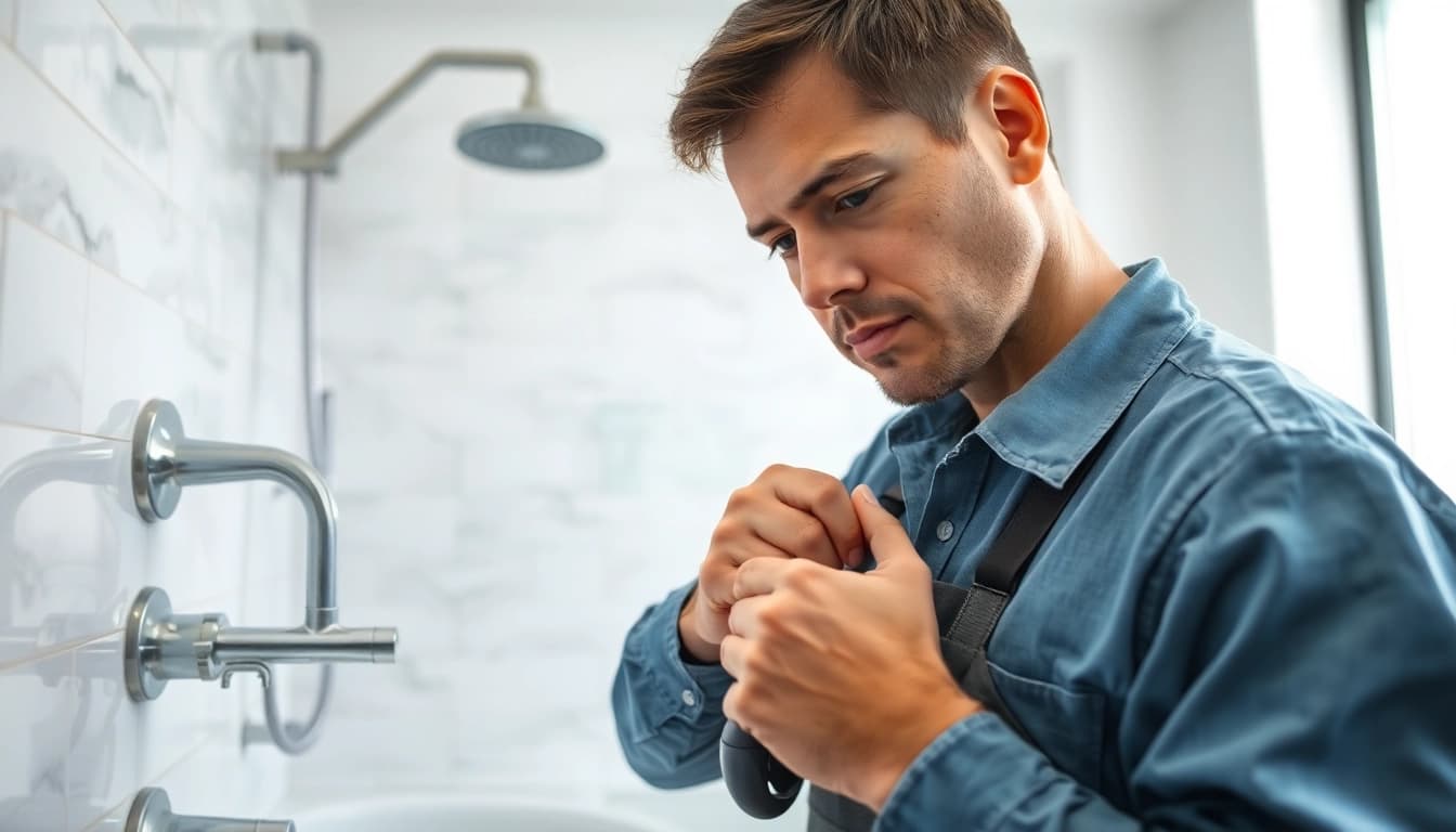 Fixing a shower not working with tools displayed in a modern bathroom setting.