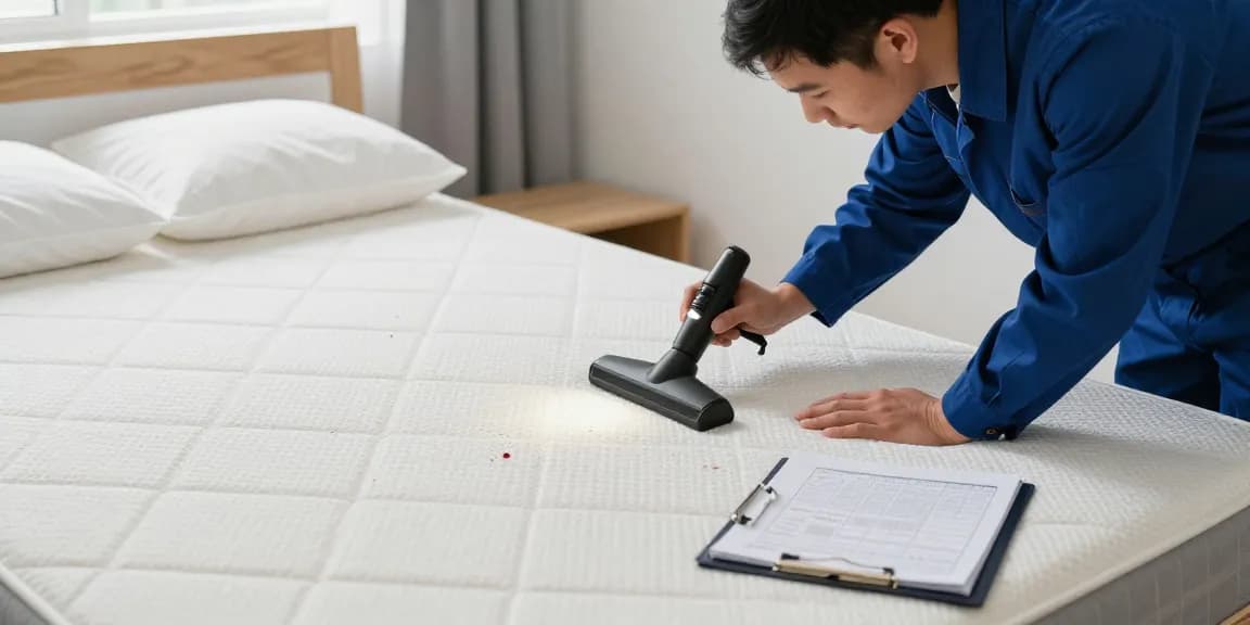 Expert inspecting mattress for bed bug control with tools in a tidy bedroom.