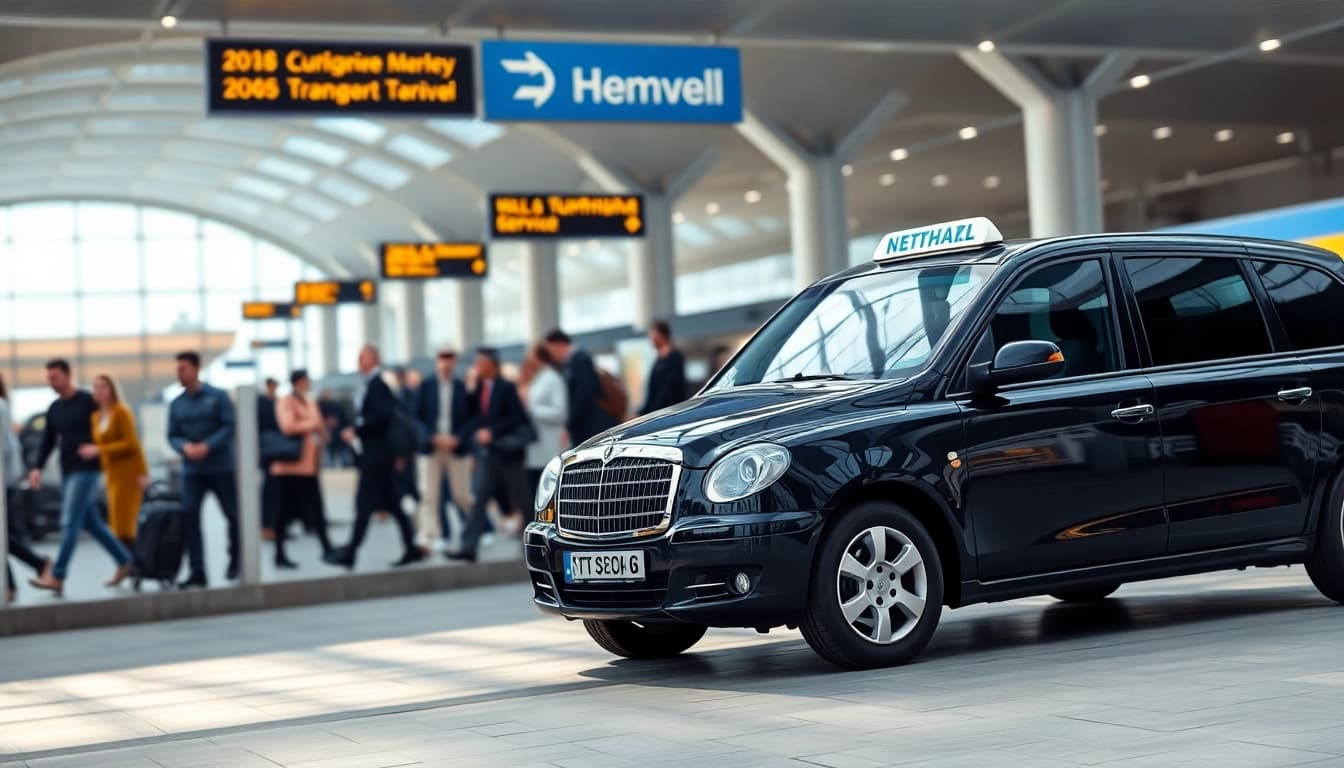 Heathrow airport transfer service with a sleek taxi transporting passengers and capturing travel energy.