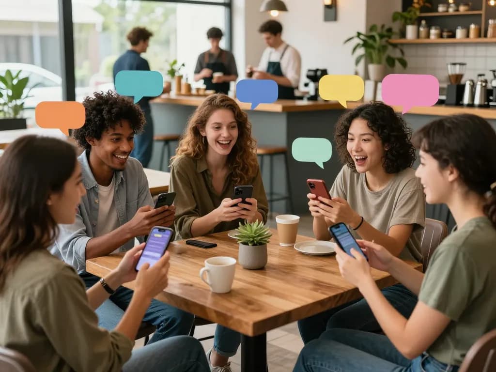 Engaging scene of a diverse group enjoying spicy chat conversations in a lively café setting.