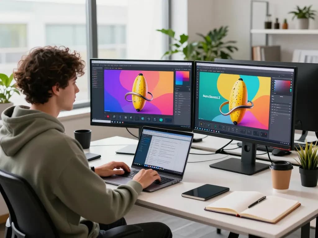Creative workspace with designer using nano banana 2 on dual monitors for AI image generation.