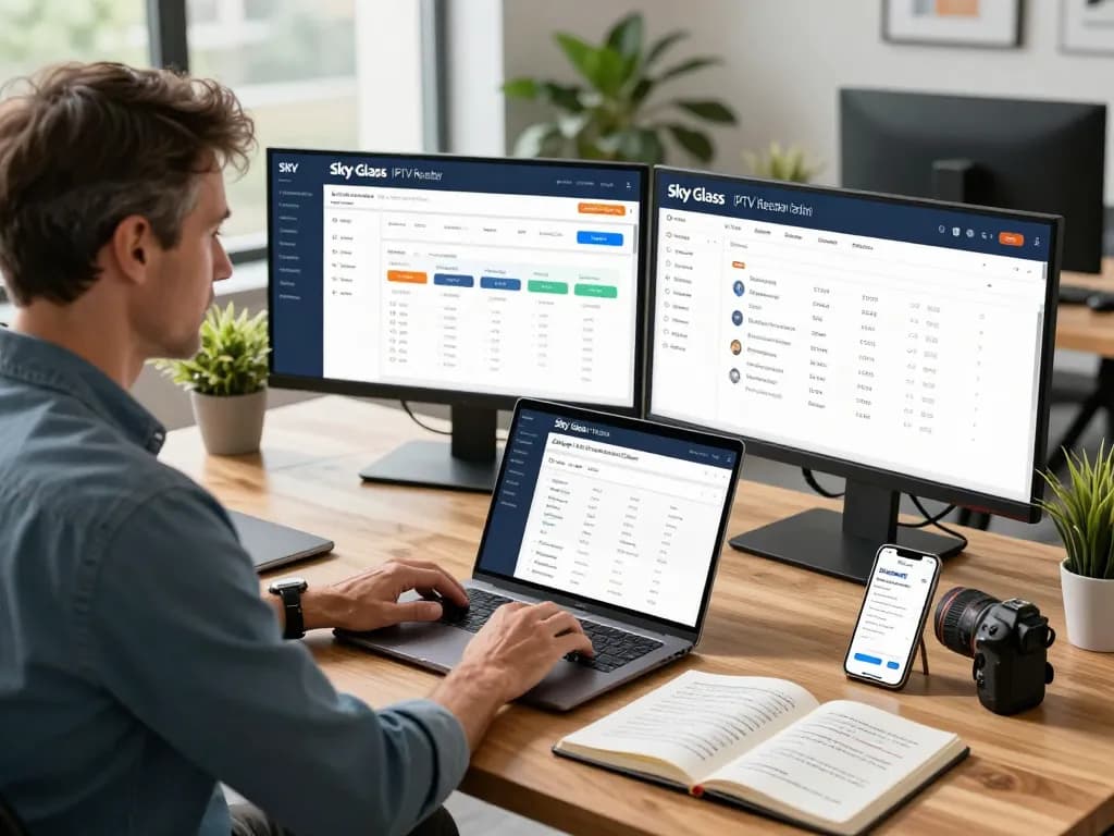 Sky Glass IPTV Reseller Panel dashboard in a professional workspace with analytics and subscription management tools.