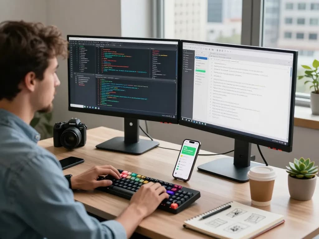 Moltbot personal AI assistant in a tech workspace with dual monitors, code, and messaging apps integrated.
