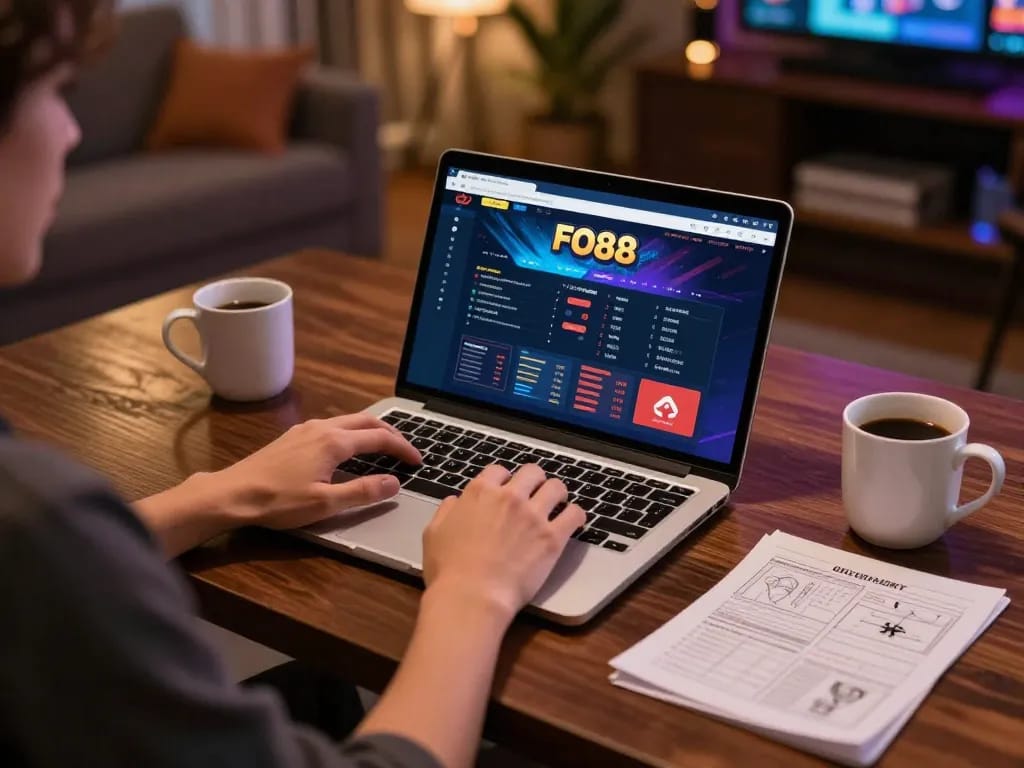 Player interacting with FO88 online casino interface on a laptop in a cozy home setup.