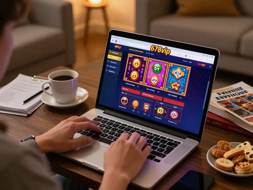 Person enjoying online slots at 678vip while managing bankroll and strategies in a cozy home setup.