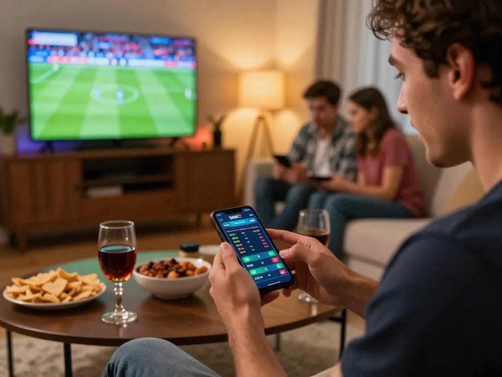 SHBET user placing sports bets on mobile app during live game, excited atmosphere and cozy setup.
