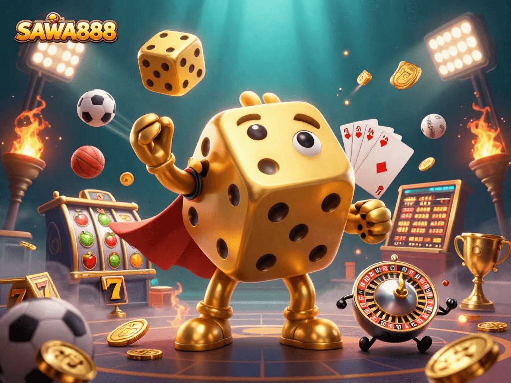 Engage with thrilling slots and sports action in SAWA888 gaming experience featuring vibrant golden elements.