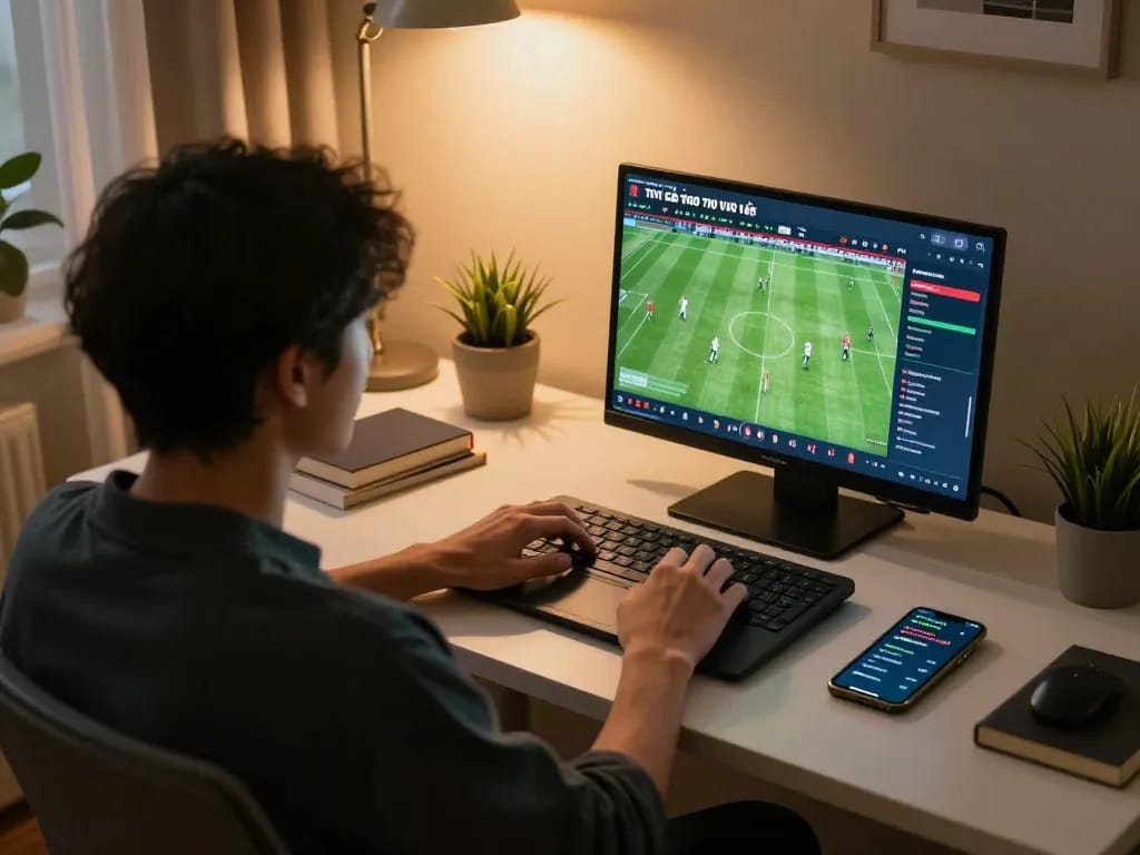 Engaging online sports betting session showcasing tỷ lệ kèo trực tuyến with focused user at desk