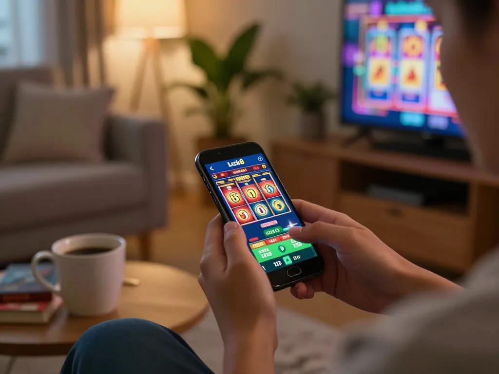 Player interacting with the luck8 app on smartphone, enjoying a thrilling online gambling experience