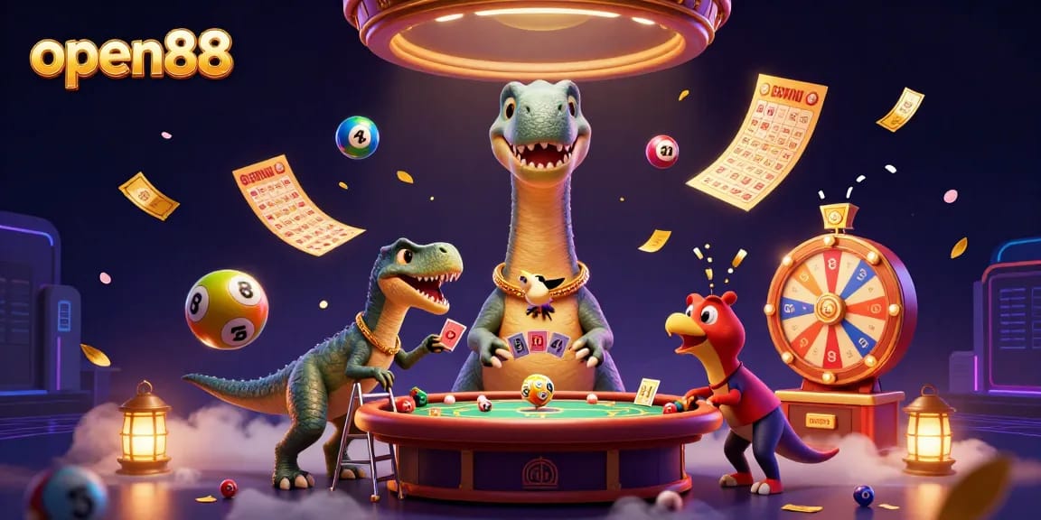 Explore open88's vibrant casino atmosphere with a unique 3D illustration showcasing thrilling gaming elements.