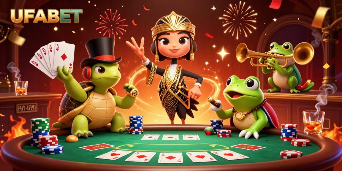 Experience the excitement at UFABET with festive casino characters and vibrant gaming elements.
