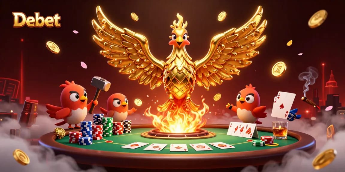 Engage with Debet's thrilling poker action depicted in a vibrant casino scene filled with rich details and dynamic energy.