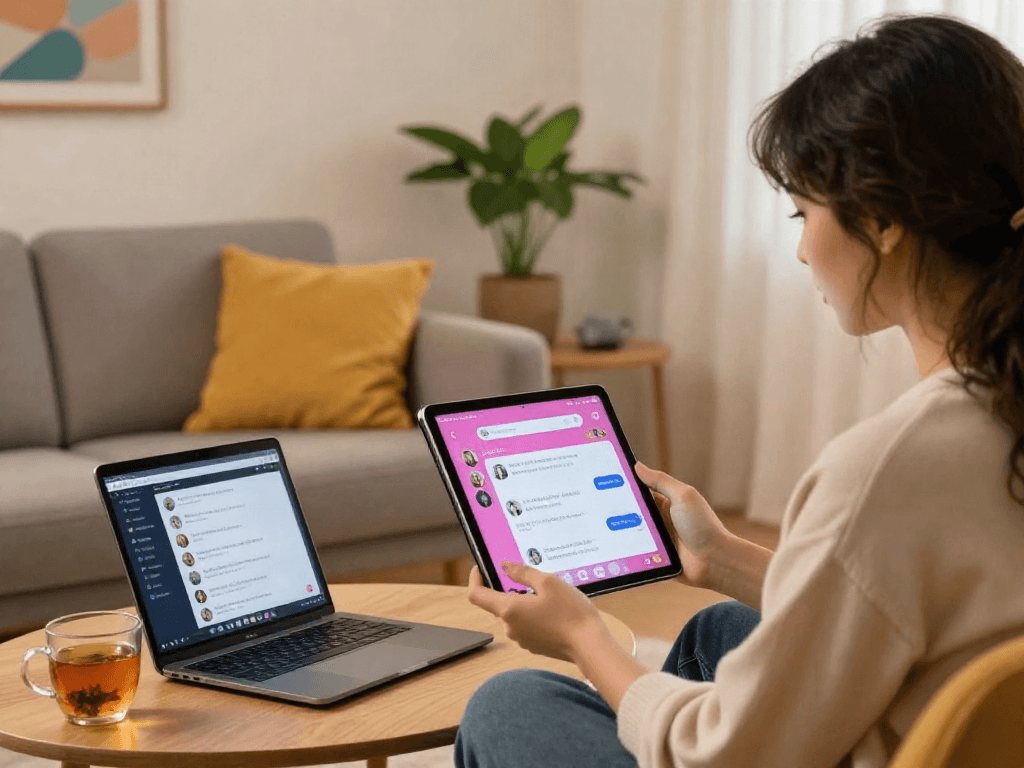 Engaging virtual chat scene showcasing porn ai chat interaction on tablet in a cozy living room.