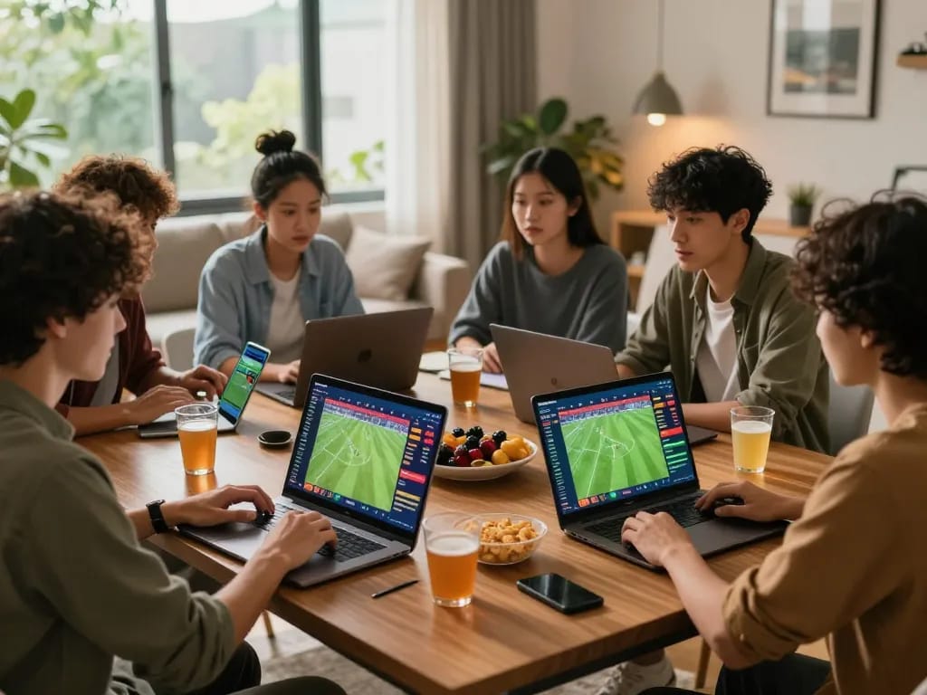 Group enjoying web cá cược bóng đá in vibrant online environment while watching a football match.