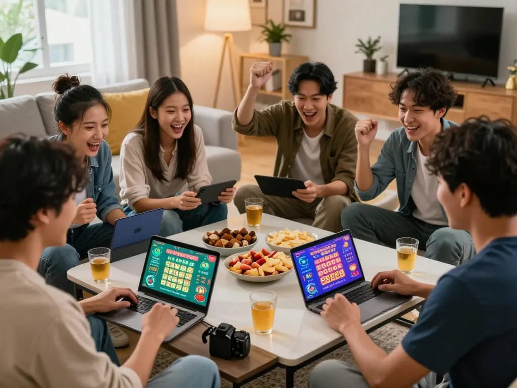 Immersive online lottery gaming scene at https://significance.uk.com/ with friends celebrating winning numbers.