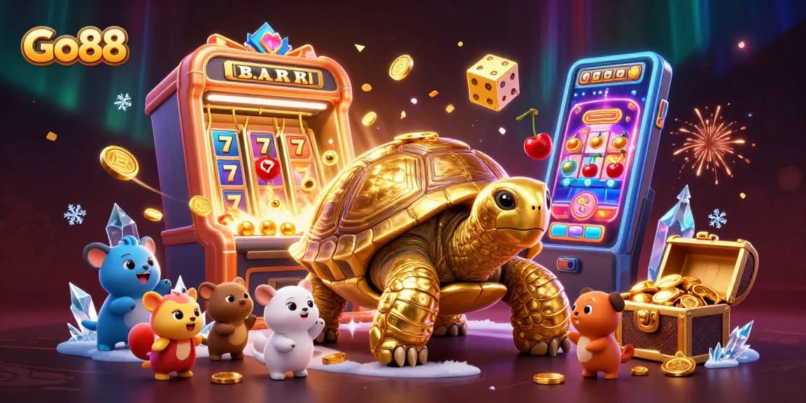 Join the excitement at Go88 with a dynamic casino scene featuring a golden tortoise pinball machine.
