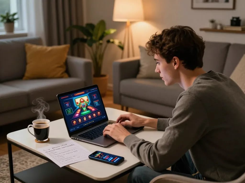 LV88 user enjoying an online casino experience at home with strategic notes and device