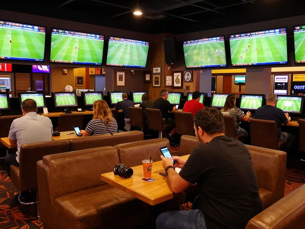 Excited bettors engaged in sports betting at CakhiaTV lounge with multiple screens.