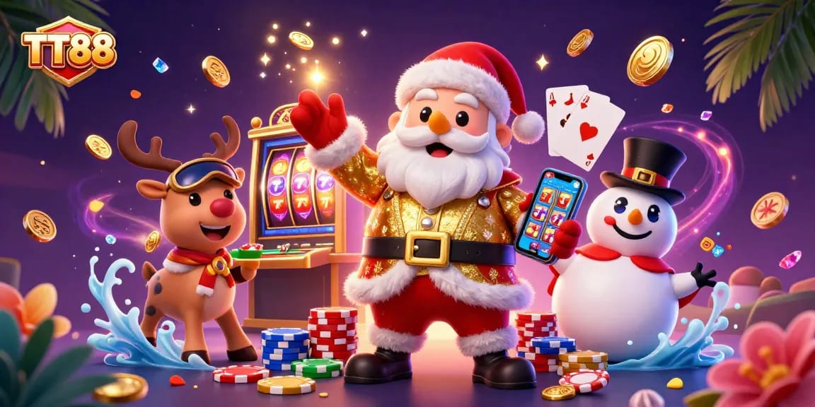 Experience thrilling gameplay at TT88 with festive 3D casino characters amidst exciting slot symbols and gems.