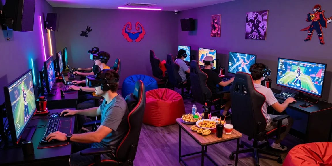 Engaged group of adults enjoying real porn games in a colorful gaming lounge.