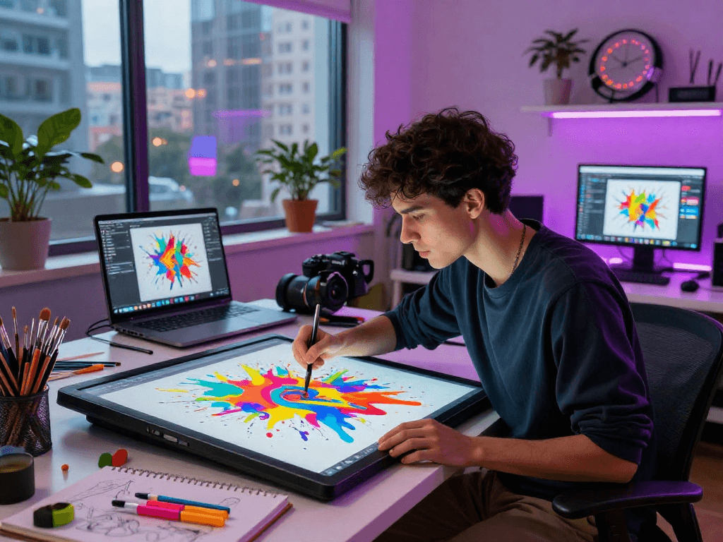 Creating AI NSFW art in a dynamic digital studio, artist engaged with vibrant colors.