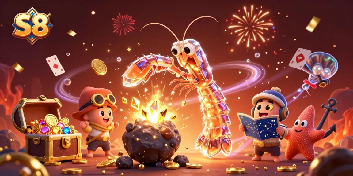 Engage with S8's thrilling casino adventure as the mantis shrimp bursts gems and coins amid dynamic gaming elements.