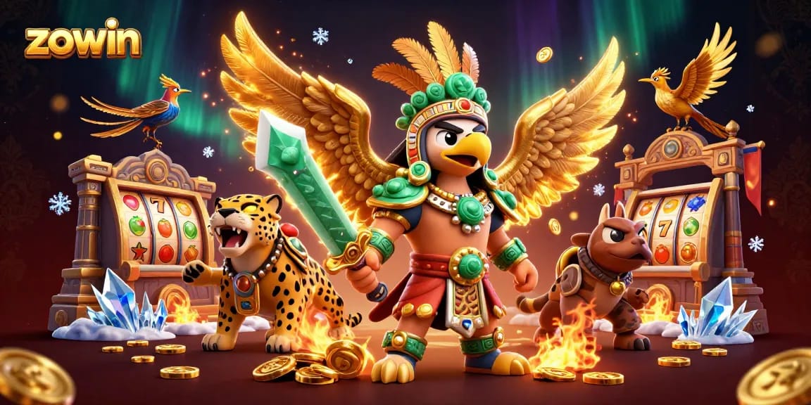 Zowin's Aztec-themed online casino scene with an eagle warrior and slot game elements for an immersive betting experience.
