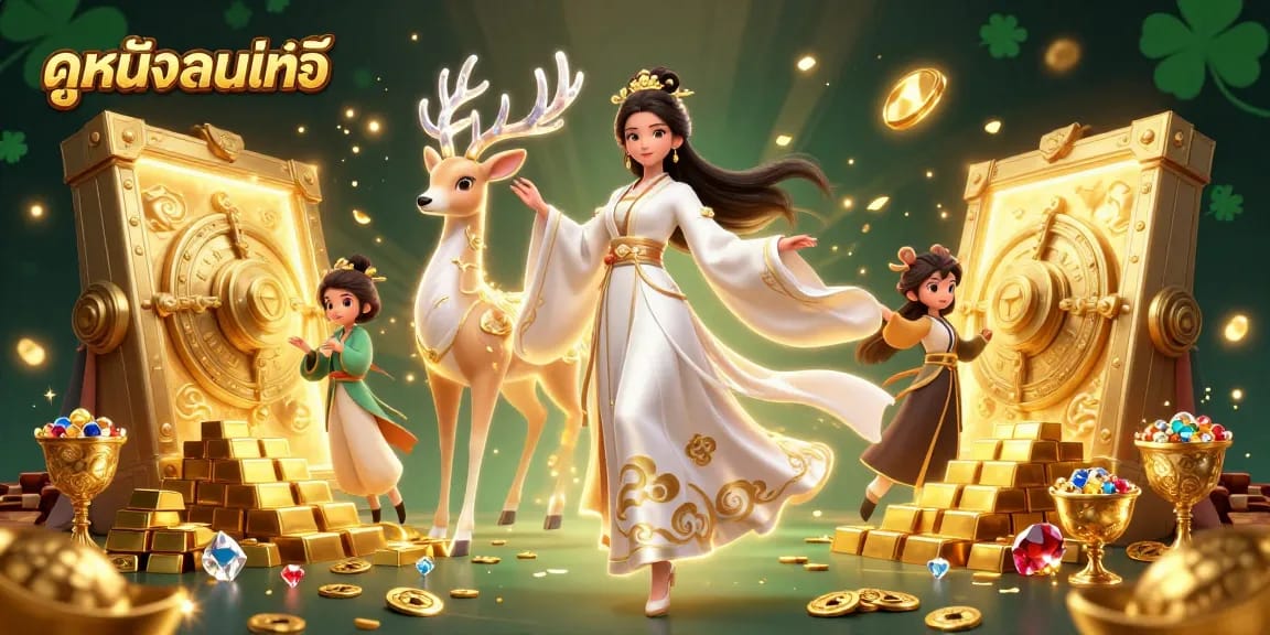 Engage with ดูหนังออนไลน์ while discovering a vibrant casino scene filled with treasures, gold bars, and jewels.