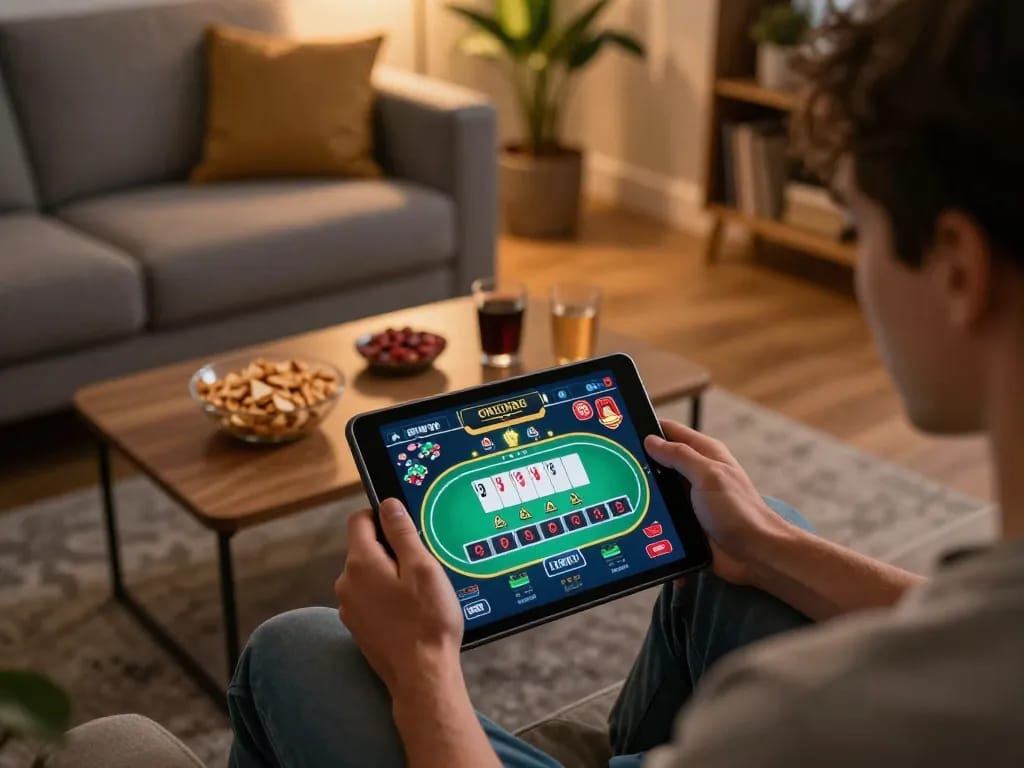 LUCK8 user playing online poker with engaging interface on tablet in cozy home setting