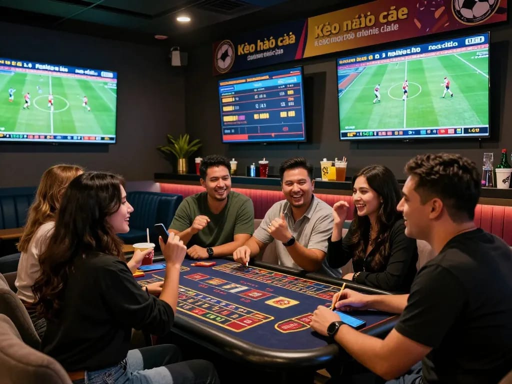 A lively sportsbook lounge showcasing friends engaged in discussing kèo nhà cái while enjoying a vibrant atmosphere.