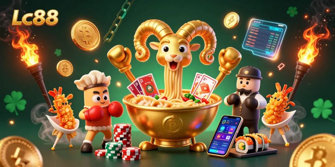 Engage in thrilling gaming action at Lc88 with a vibrant 3D casino illustration showcasing dynamic characters.
