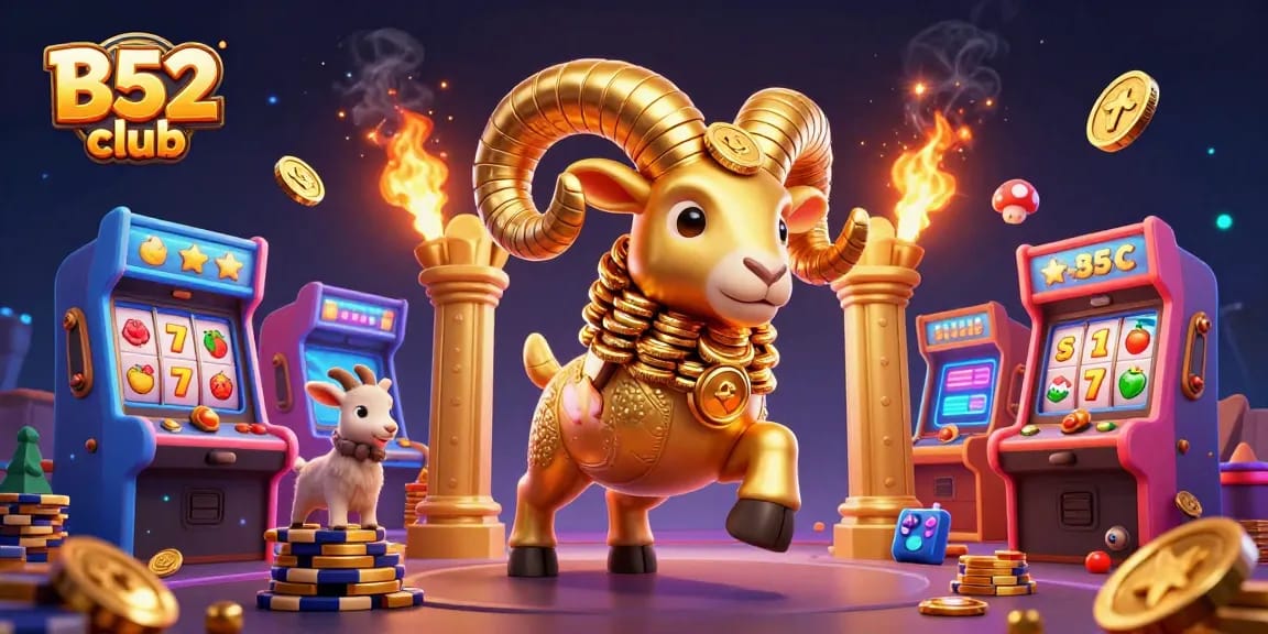 Experience thrilling wins at B52 club with golden ram and vibrant slot machines excitingly charging into action.