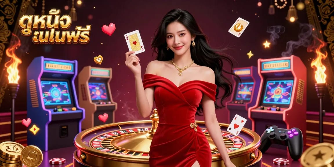 Engage in ดูหนังออนไลน์ฟรี fun with a beautiful young woman elegantly holding a card beside a golden roulette wheel.
