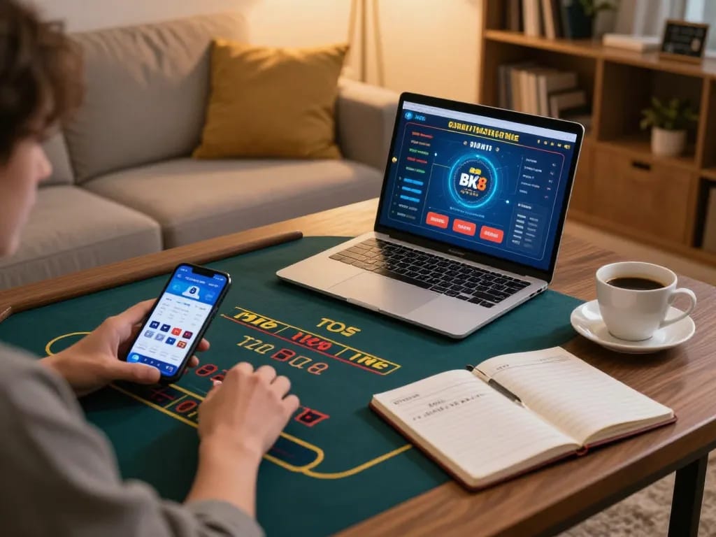 Engaging in online gaming at home with BK8 app on laptop, dynamic gambling experience.