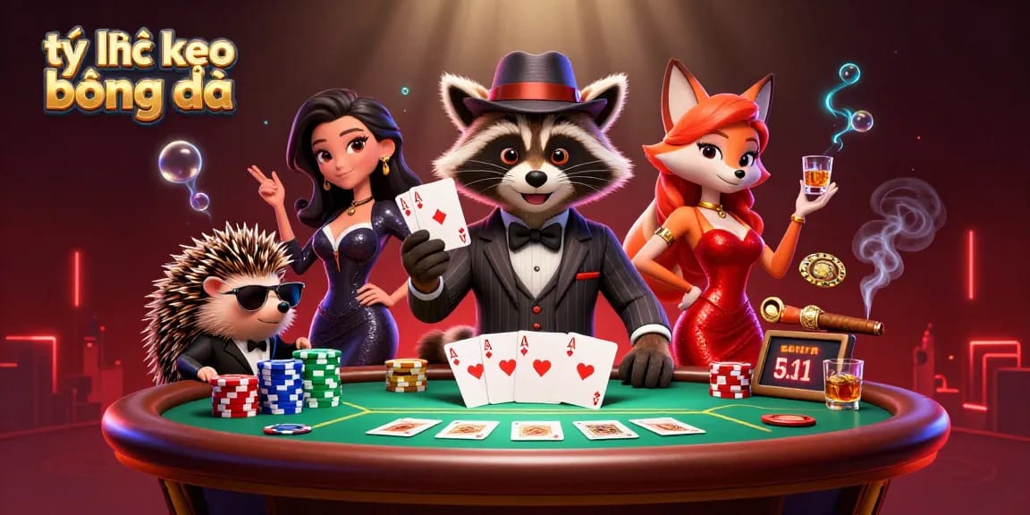 Engage with tỷ lệ kèo bóng đá as suave raccoon celebrates with poker friends at the casino.