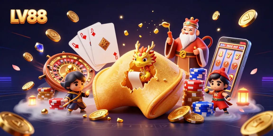 Win big at LV88 with a vibrant 3D casino illustration showcasing fortune cookies, coins, and gold.
