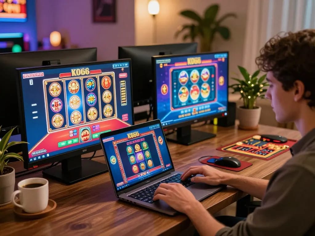 Person enjoying KO66 online casino gaming setup with laptop and vibrant screens