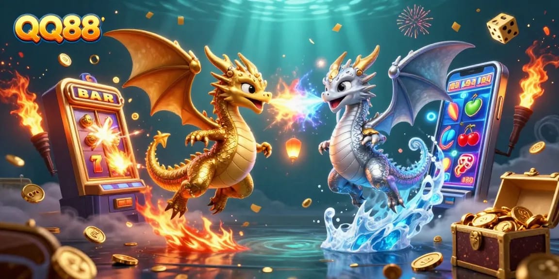 Experience excitement at QQ88 with golden and silver dragons and jackpot thrills in this mesmerizing scene.