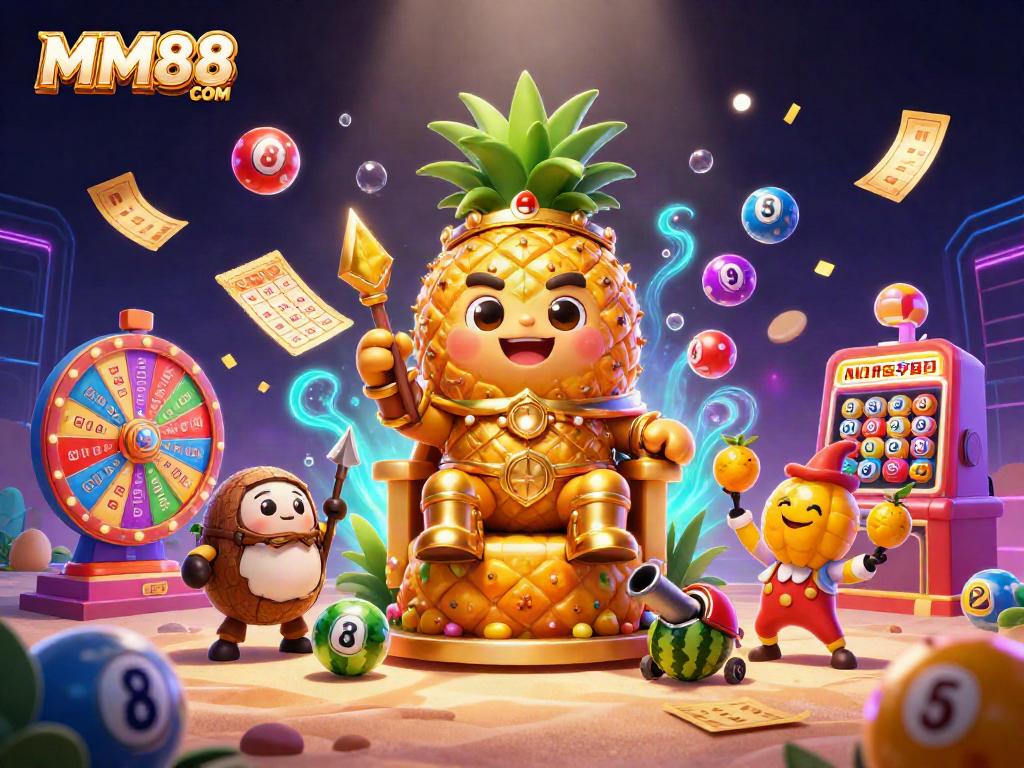 Engage with MM88 COM at the vibrant beach casino featuring the golden pineapple king and dynamic lottery elements.