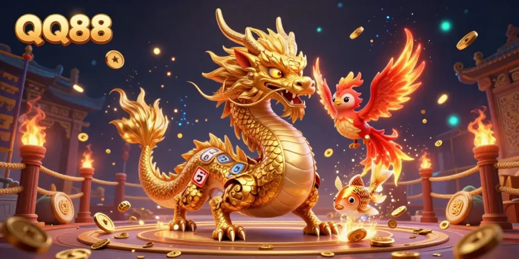 Experience thrilling gaming at QQ88 with a fierce dragon, phoenix, and koi fish surrounded by slot machines and gold coins.