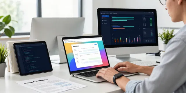 SEO expert analyzing instant indexing metrics in a modern office