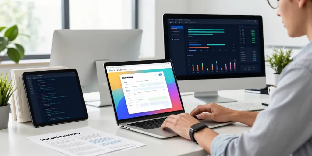 SEO expert analyzing instant indexing metrics in a modern office