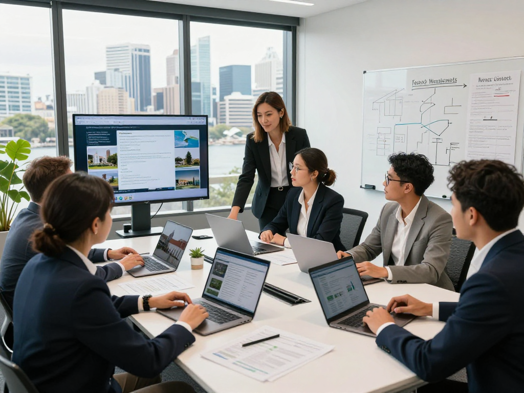 Focused team discussing property management services Sydney in light-filled office