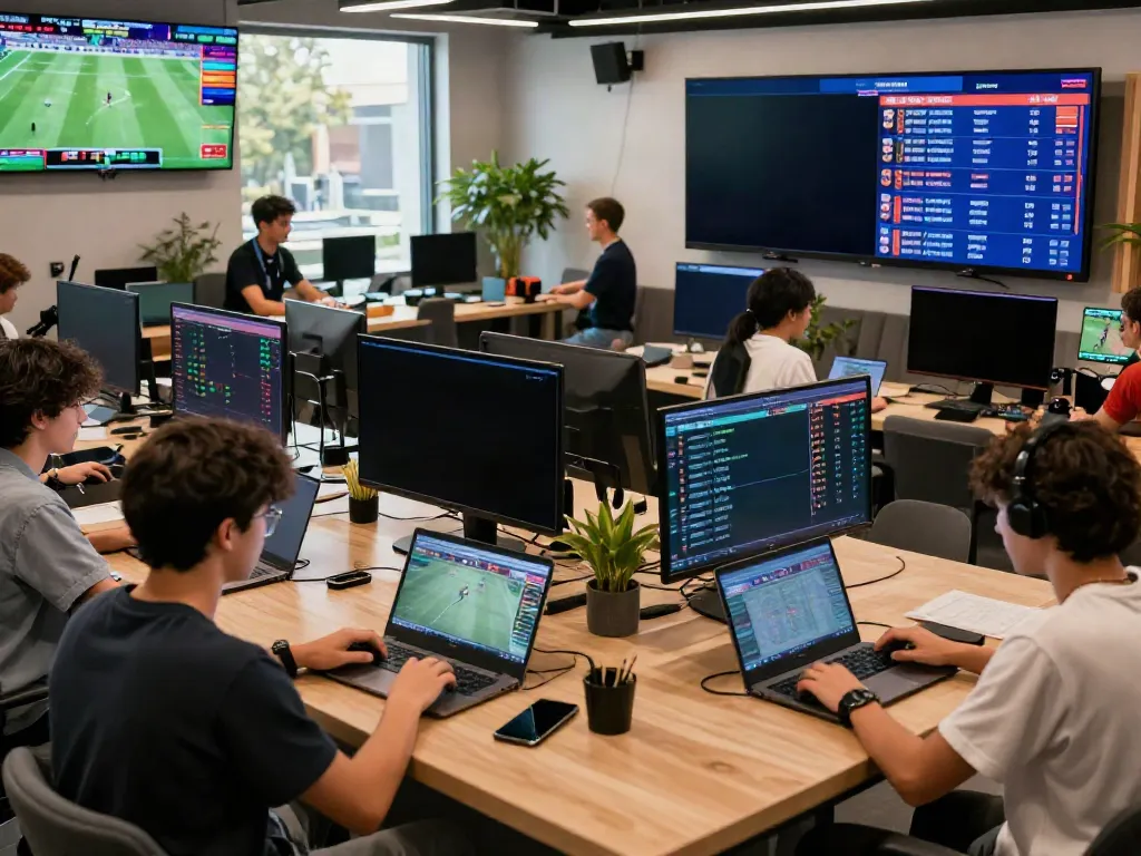 Dynamic online betting experience at https://9bet.ru.com/ with users engaged in live sports, technology, and gaming atmosphere