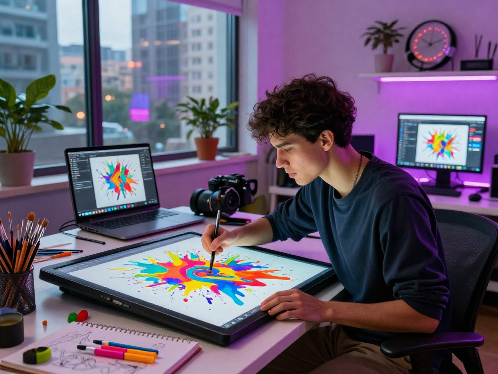 Creating AI NSFW art in a dynamic digital studio, artist engaged with vibrant colors.