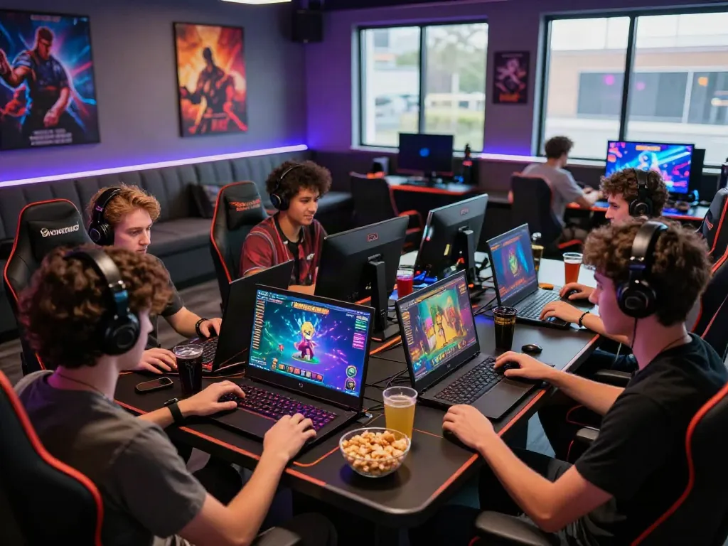 Friends enjoying games at sites not on gamstop in a lively gaming lounge.