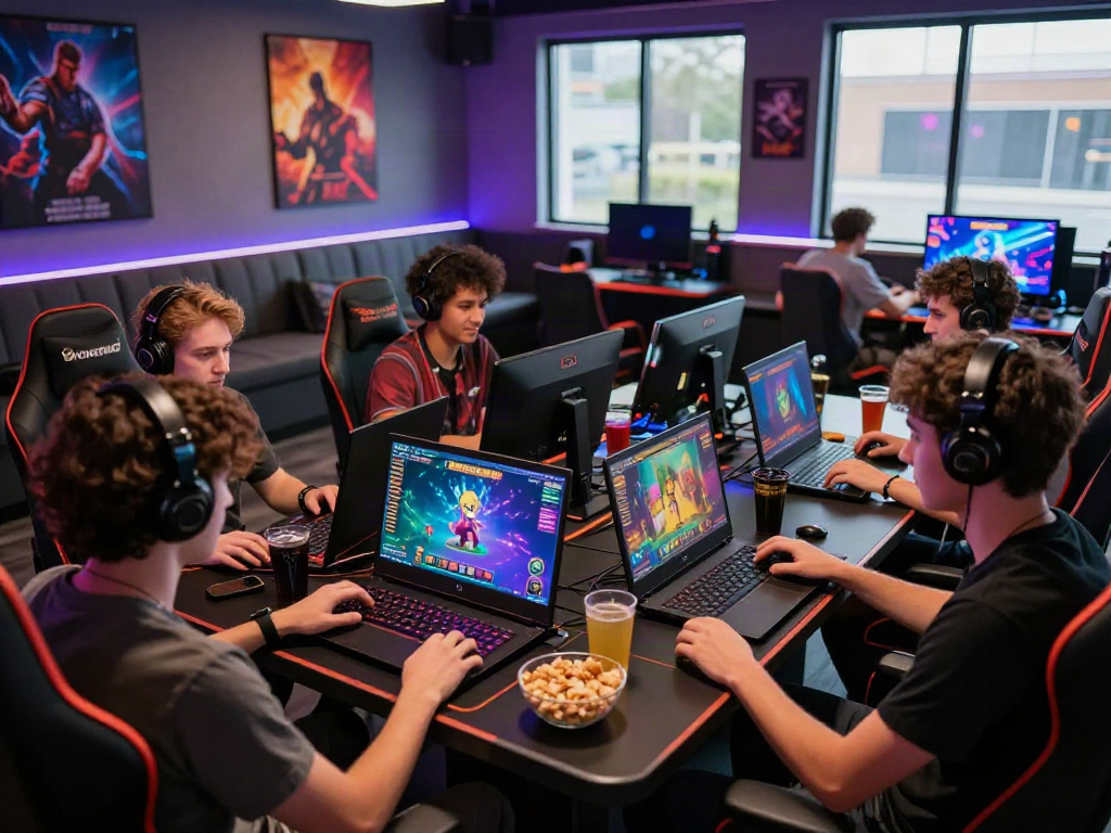 Friends enjoying games at sites not on gamstop in a lively gaming lounge.