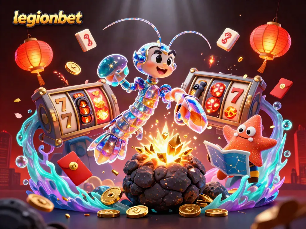 Experience legionbet's thrilling action with a mantis shrimp smashing through colorful slots and coins.