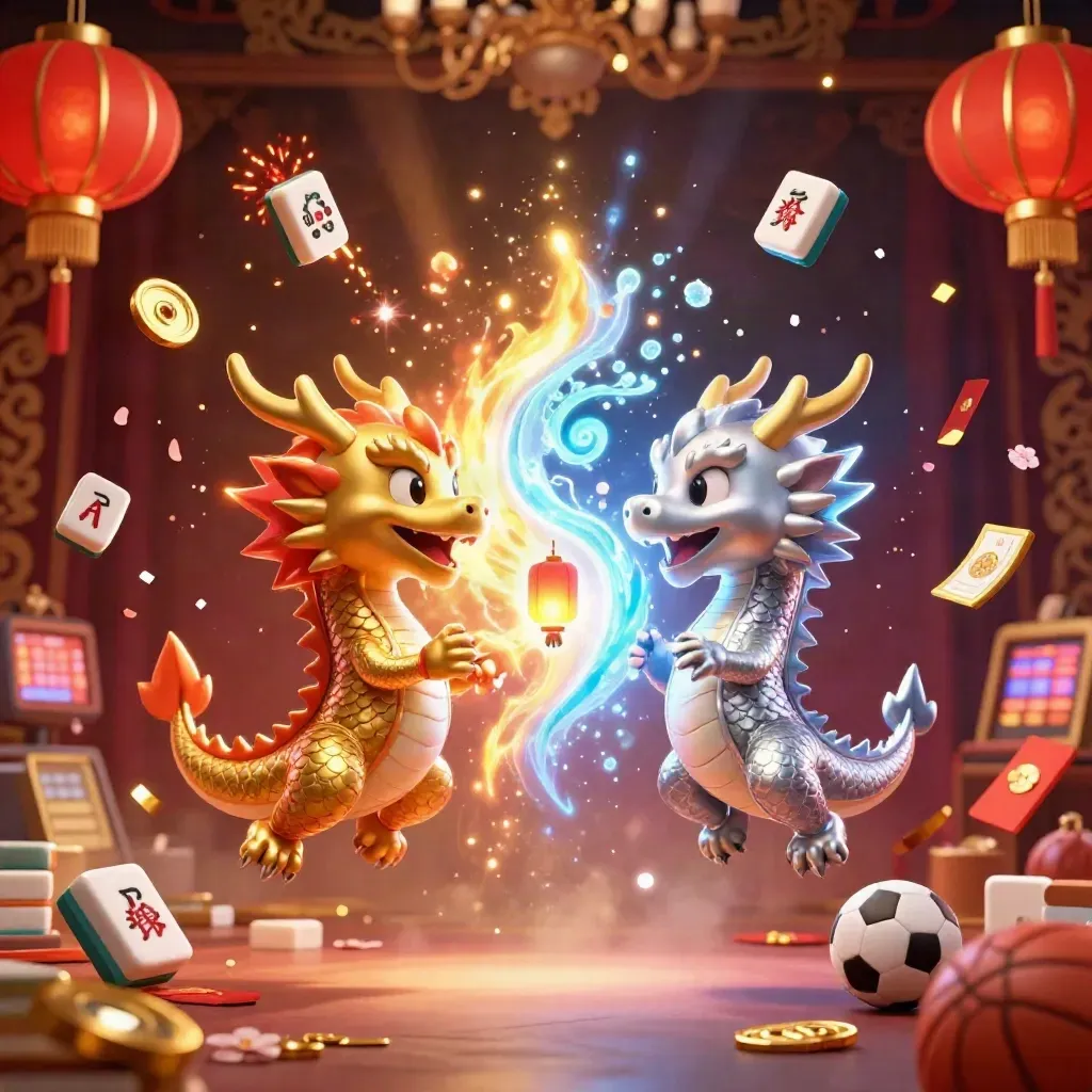 Gold and silver dragons collide in a neon casino splash with floating game props