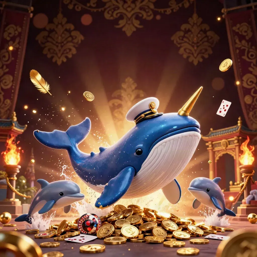 Captain whale, narwhal, and dolphins burst through gold coins in a neon casino scene.